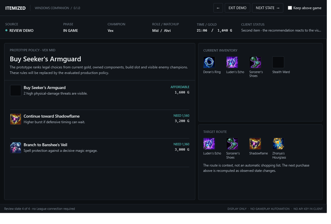 Itemized Windows prototype showing a live Vex purchase recommendation